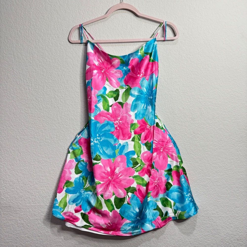 Show Me Your Mumu Floral Mini Dress Pink Blue XXL Spaghetti Strap Backless Satin - Picture 2 of 7